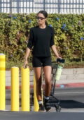 Laura Harrier shows off her slender legs in black spandex shorts as she leaves a Pilates class in Los Feliz, California