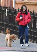 Rachel Zegler keeps warm in a red puffer jacket and navy joggers while out walking her dogs in New York City